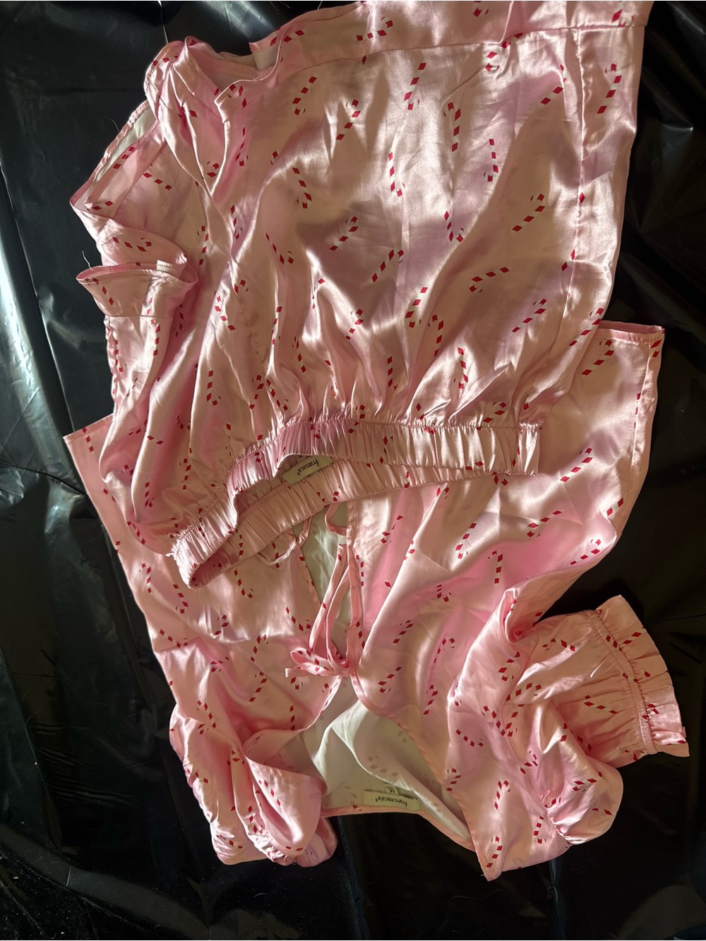 Pink Satin Candy Cane Print Pajama Top
